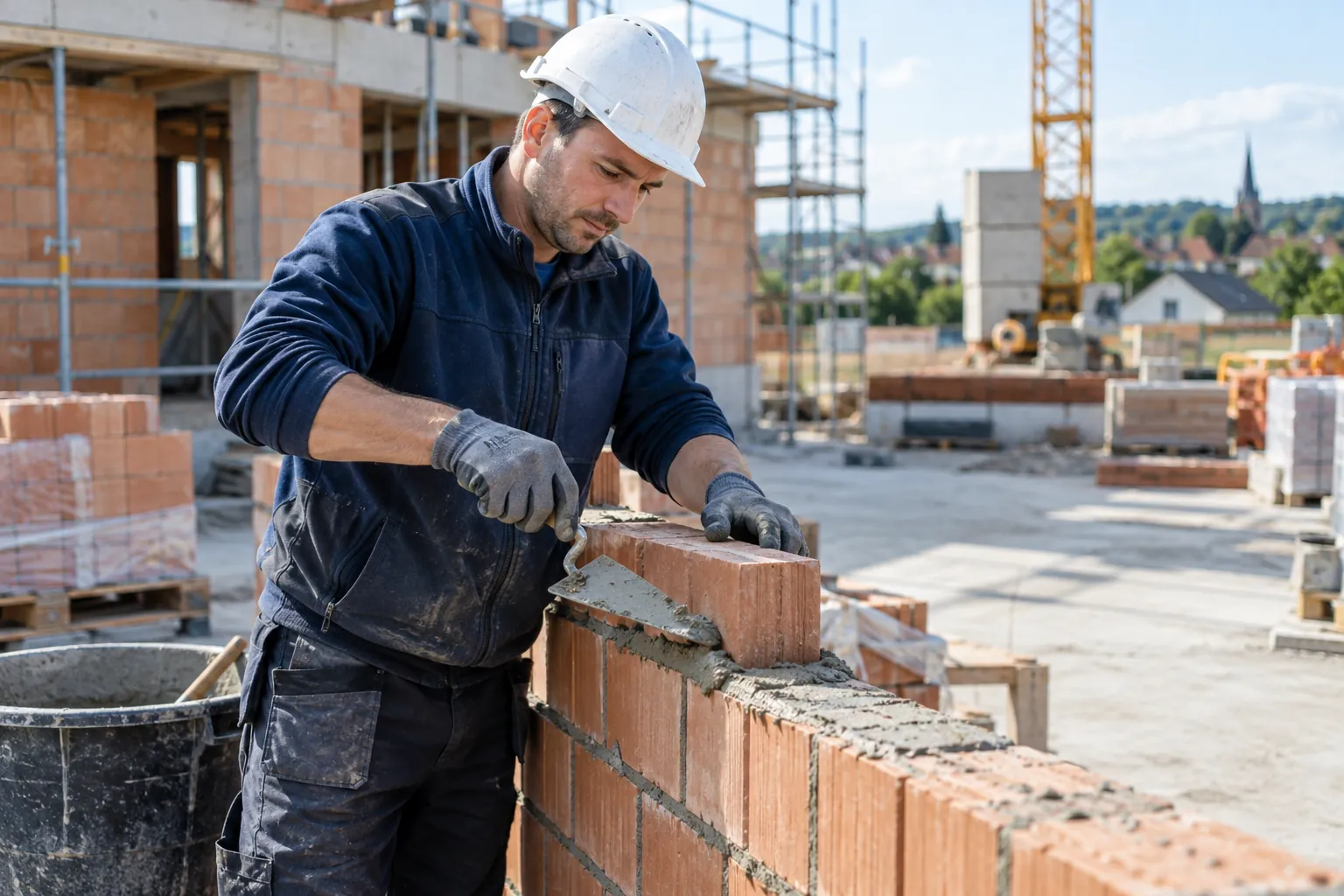 Maurer beim präzisen Errichten einer Mauer auf einer Baustelle – KI-Symbolbild