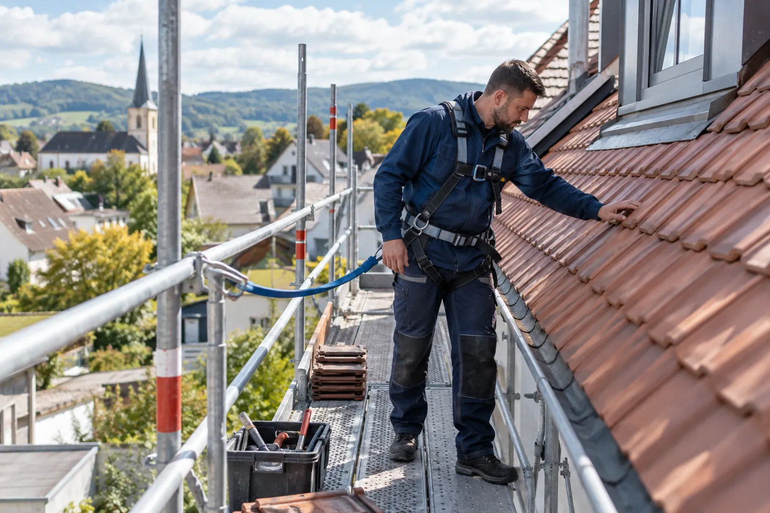 Dachdecker bei der Kontrolle eines Ziegeldachs mit geeigneter Absturzsicherung – KI-Symbolbild