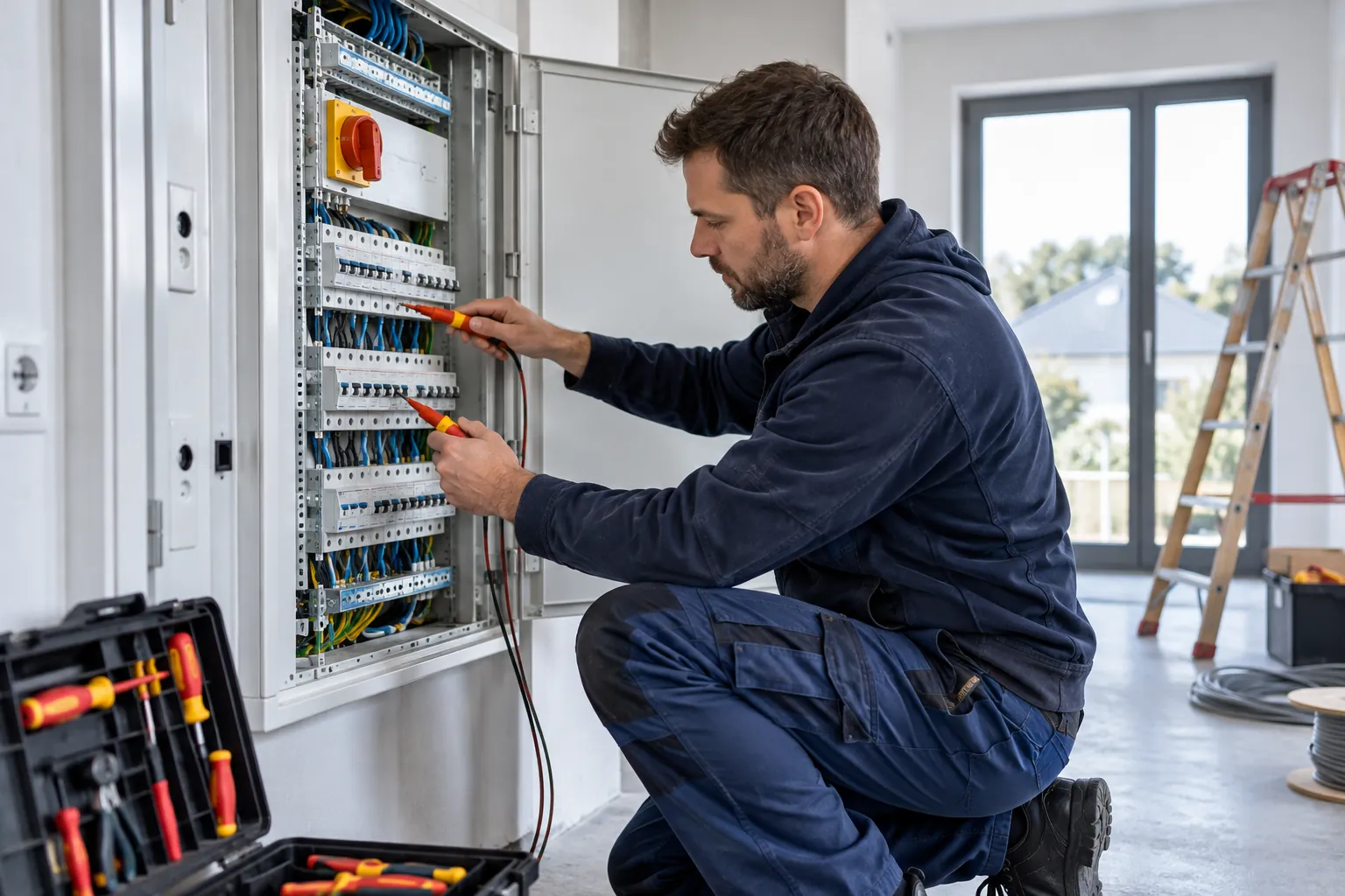 Elektrofachkraft bei der Kontrolle einer spannungsfreien Verteilung – KI-Symbolbild