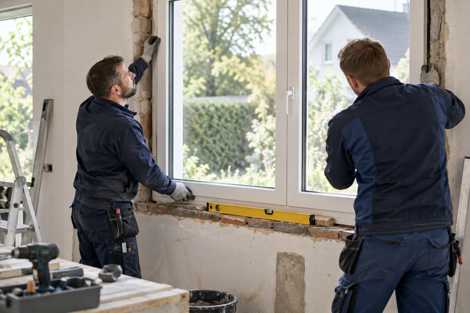 Zwei Fachkräfte beim Ausrichten eines Fensterrahmens im Erdgeschoss – KI-Symbolbild