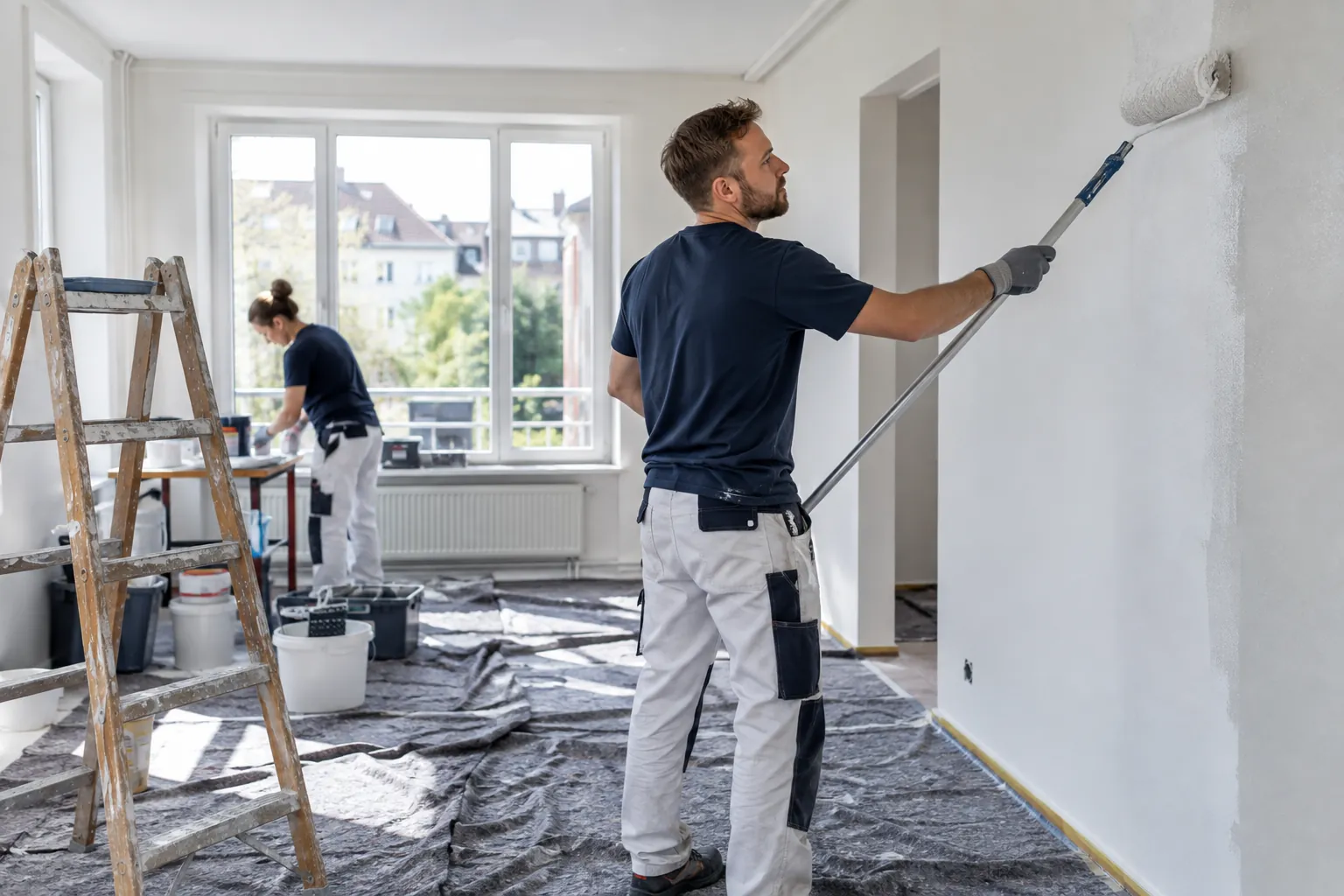 Malerin beim gleichmäßigen Streichen einer Innenwand – KI-Symbolbild