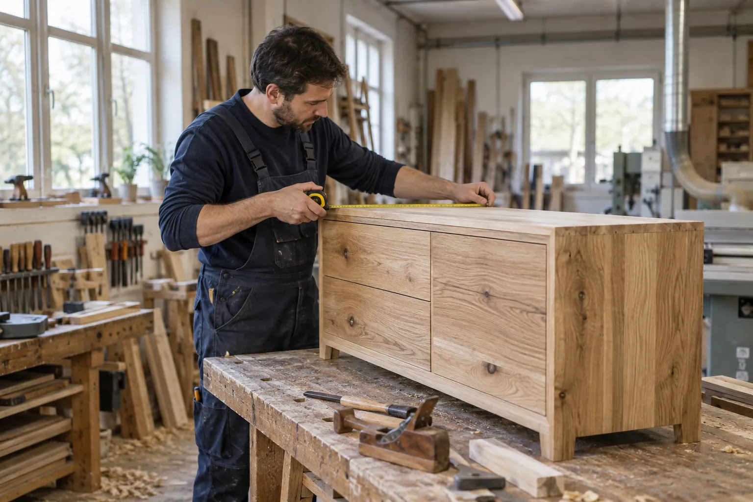Schreiner beim präzisen Vermessen eines Holzwerkstücks in der Werkstatt – KI-Symbolbild