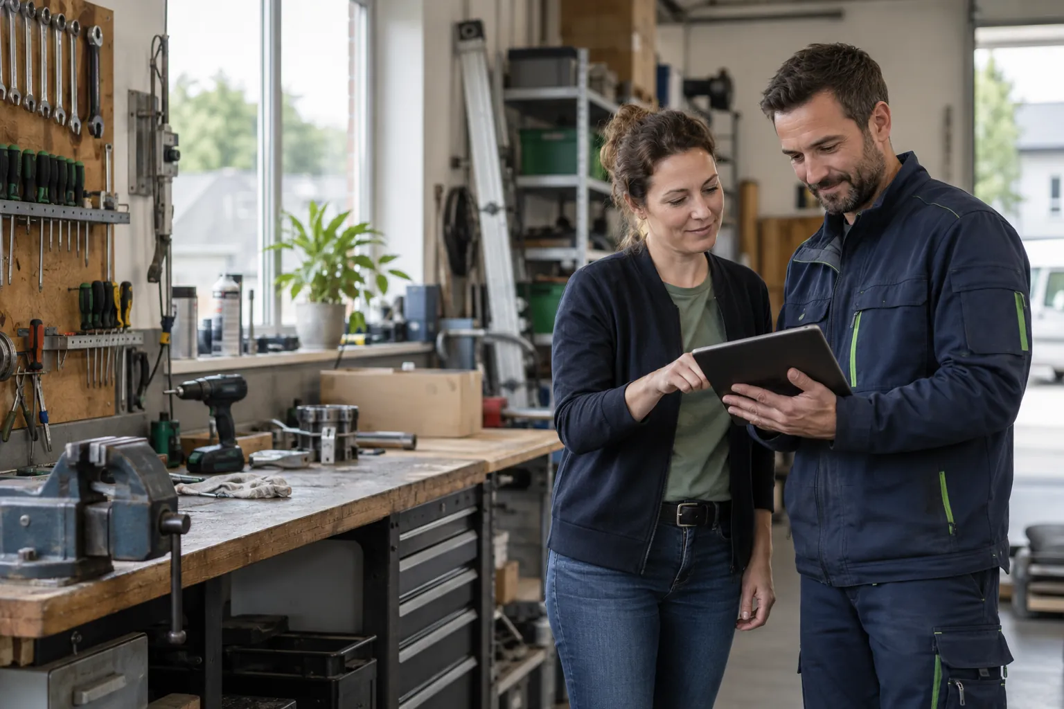 Symbolbild: Zwei Personen besprechen einen Auftrag an einem Tablet in einer Werkstatt